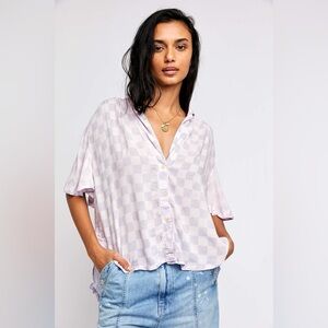 Free People Easy Living Lavender Checkered Top